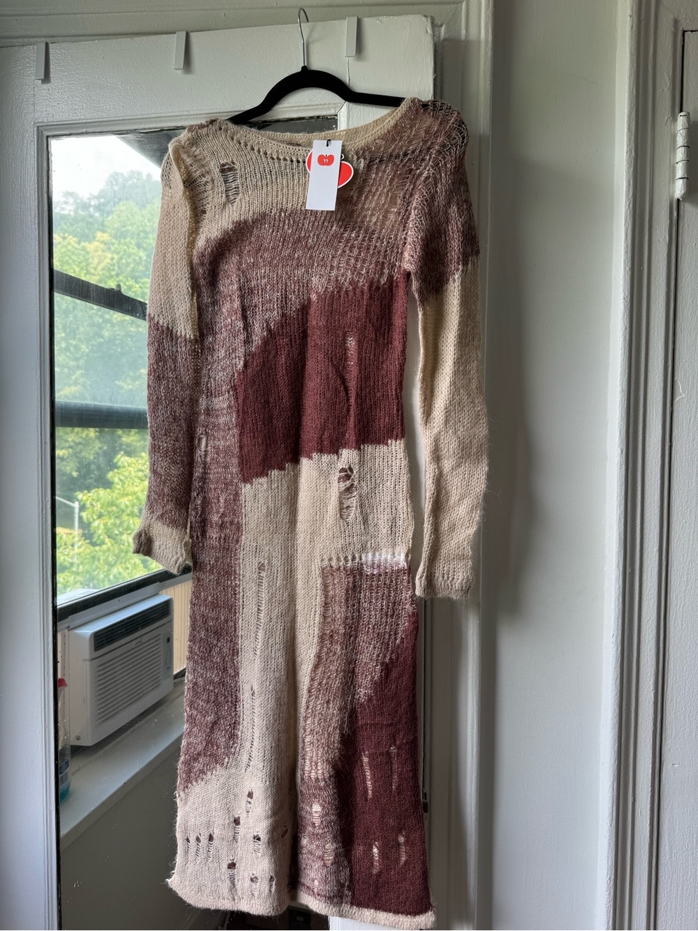Cider Long-Sleeve Patchwork Knit Dress in Beige and Burgundy